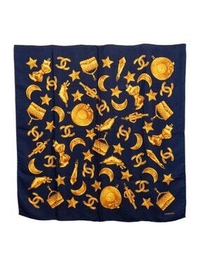 Chanel CC Logo All Over Pattern Scarf Navy Yellow Silk